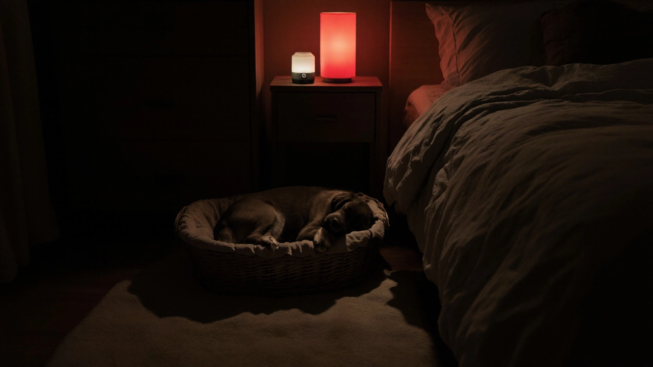 A puppy sleeps peacefully near its owner&#039;s bed in a dark room, with only a dim red nightlight visible.