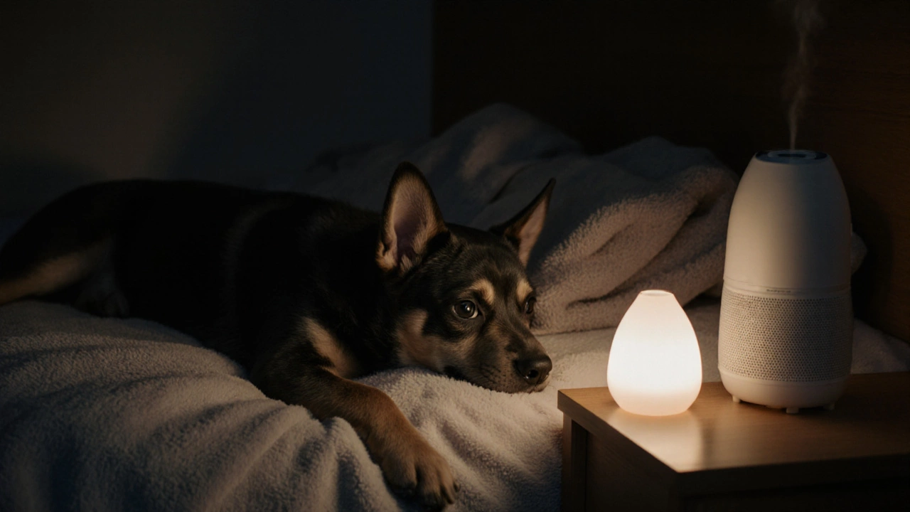A worried puppy lies awake as flickering TV light casts shadows, while a white noise machine glows softly nearby.