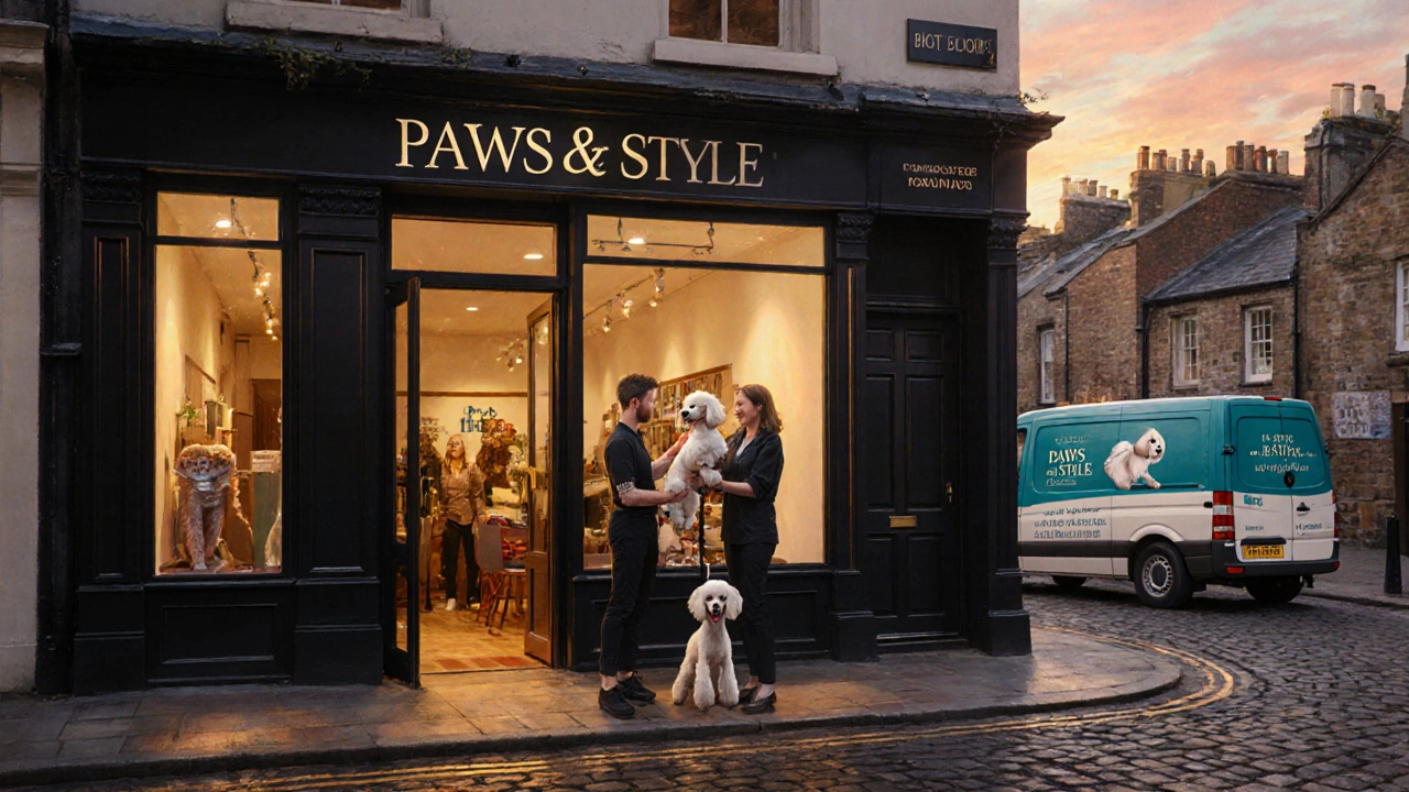 Boutique grooming shop owner handing a styled poodle to a happy client with a branded van outside.