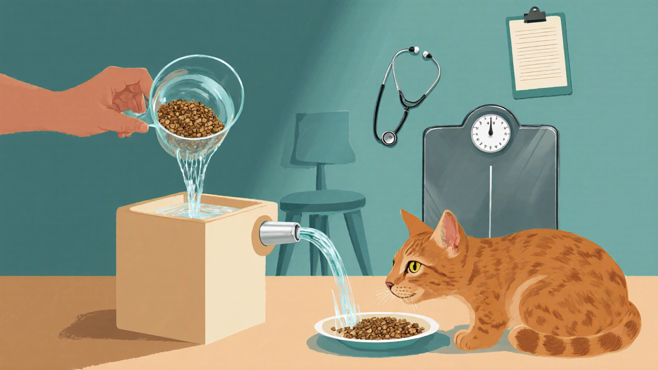 Cat drinking from a water fountain while a hand measures dry food beside a scale.