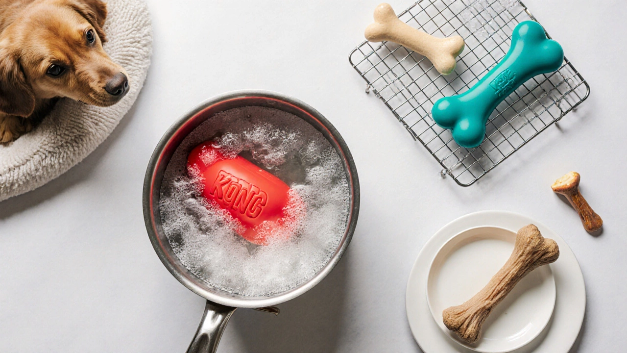 Cleaned chew toys arranged with cleaning items in a bright, tidy flat‑lay scene.