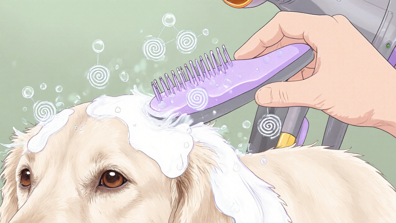 Close‑up of a dog's coat being shampooed with visible scent molecules and a warm dryer.