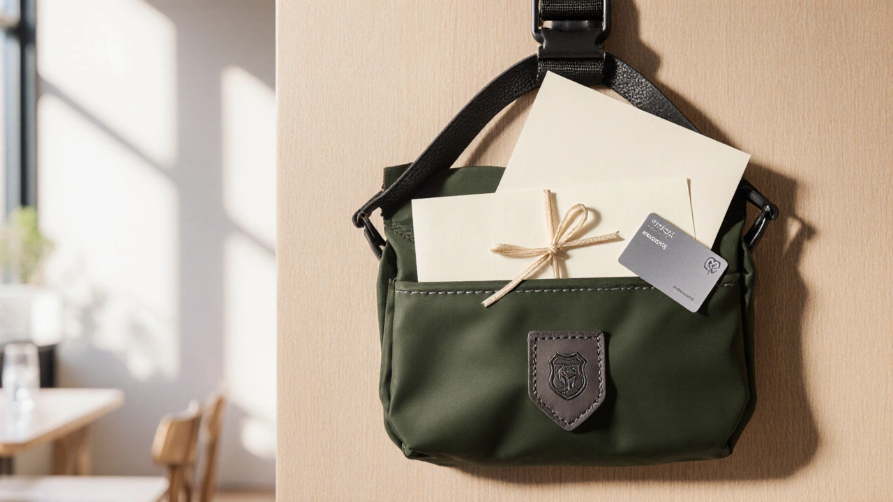 Close‑up of a service dog proof kit: badge, letter, and contact card in a waterproof pouch.