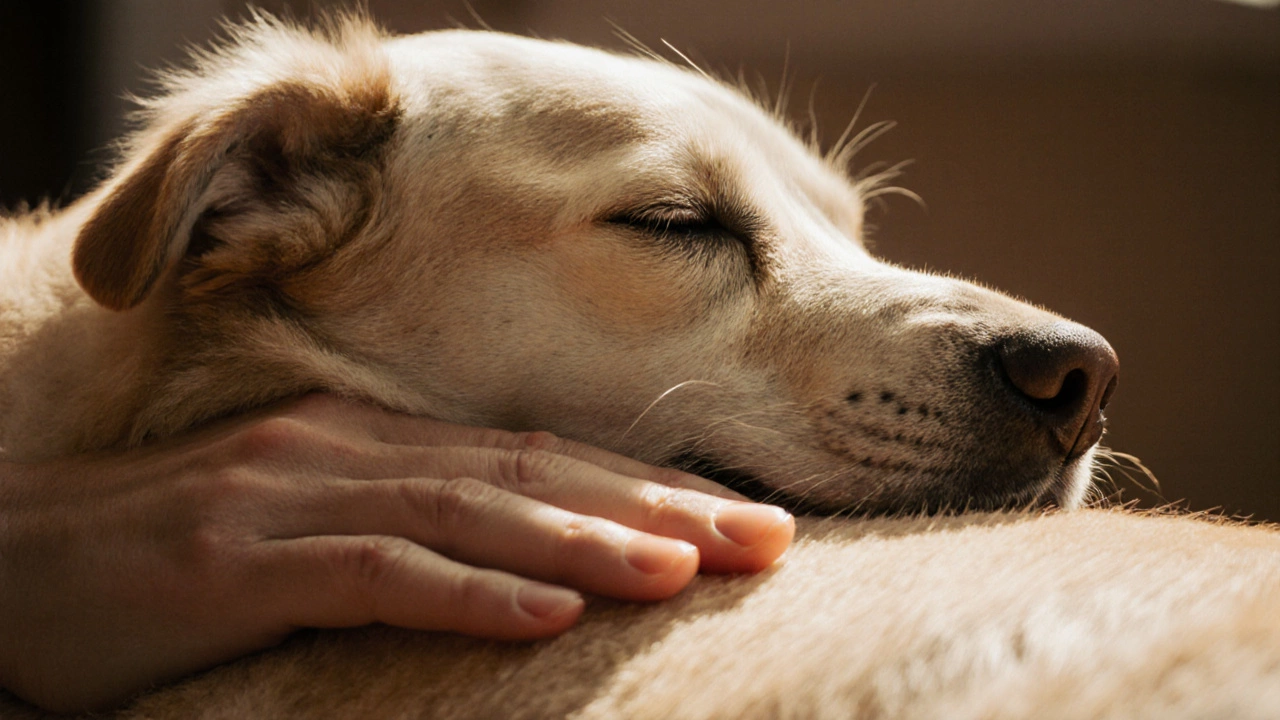 Close-up of a sleeping dog with a hand gently resting on its back.