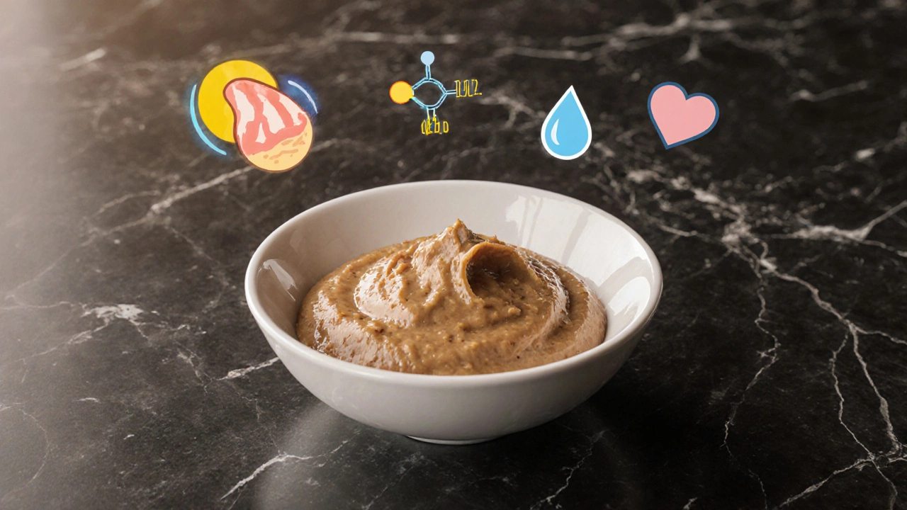 Close‑up of Fancy Feast pâté in a bowl with protein, taurine, and moisture icons.