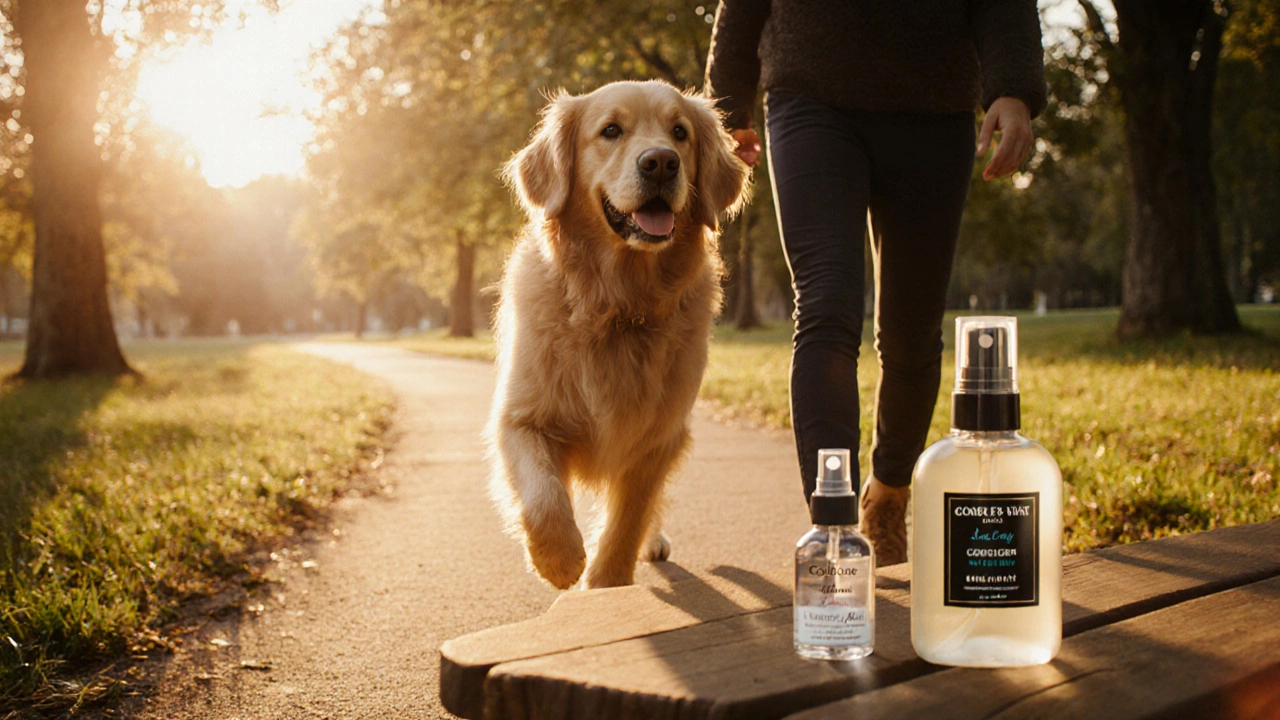 Dog and owner walking in a park at sunset, coat shining, scent trail and grooming products nearby.