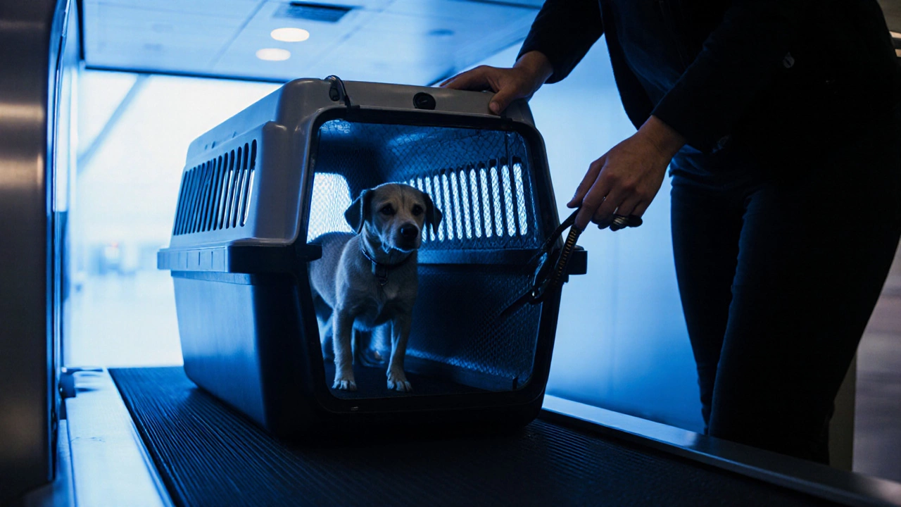 Dog carrier on airport security scanner, traveler holding leash.