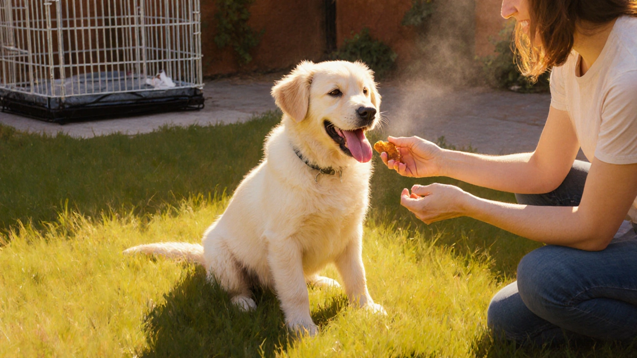 Happy puppy receiving a treat in a sunny backyard after proper training.