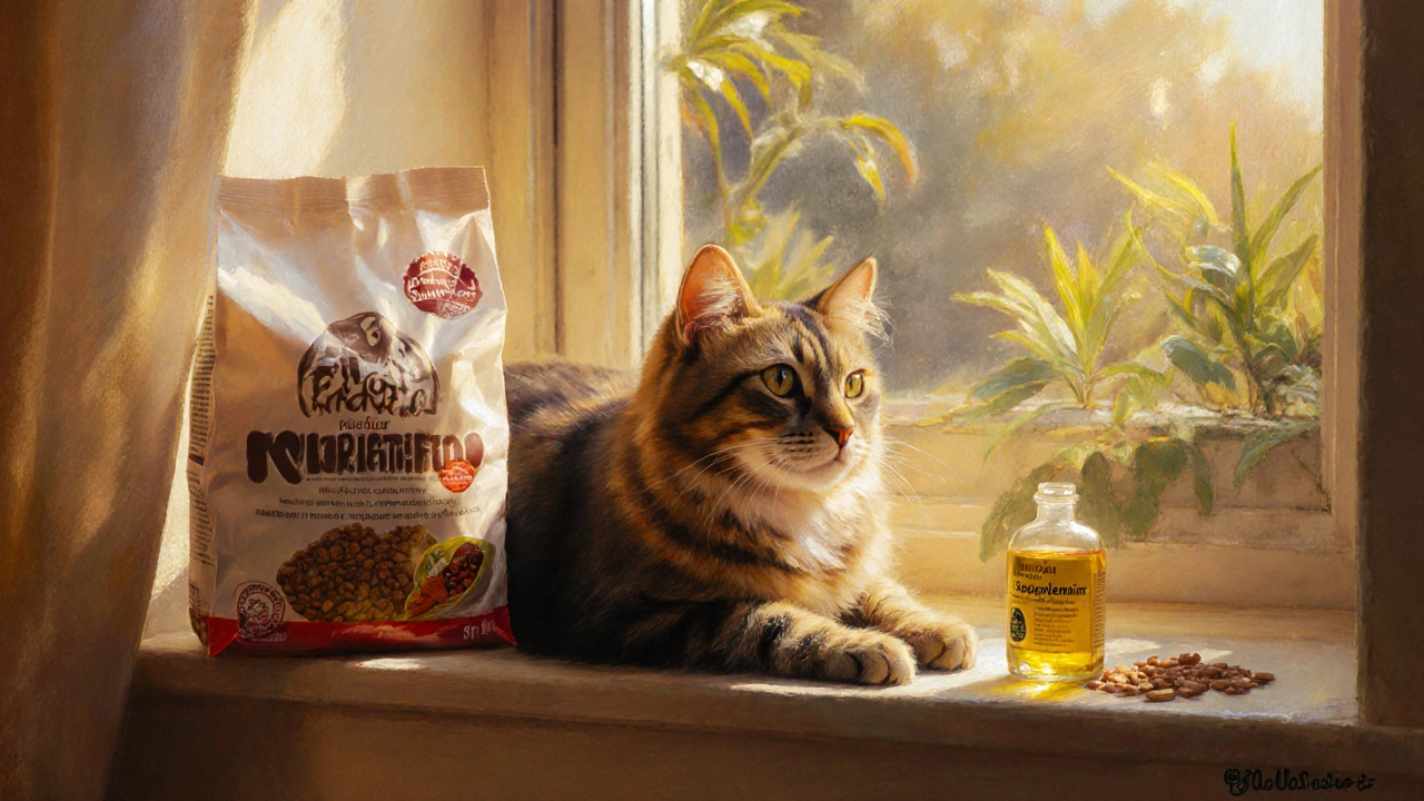 Healthy cat resting on a sunny windowsill with premium kibble bag and fish‑oil supplement nearby.