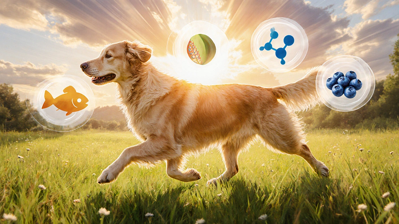 Healthy dog running in a sunlit meadow surrounded by floating nutrition icons.
