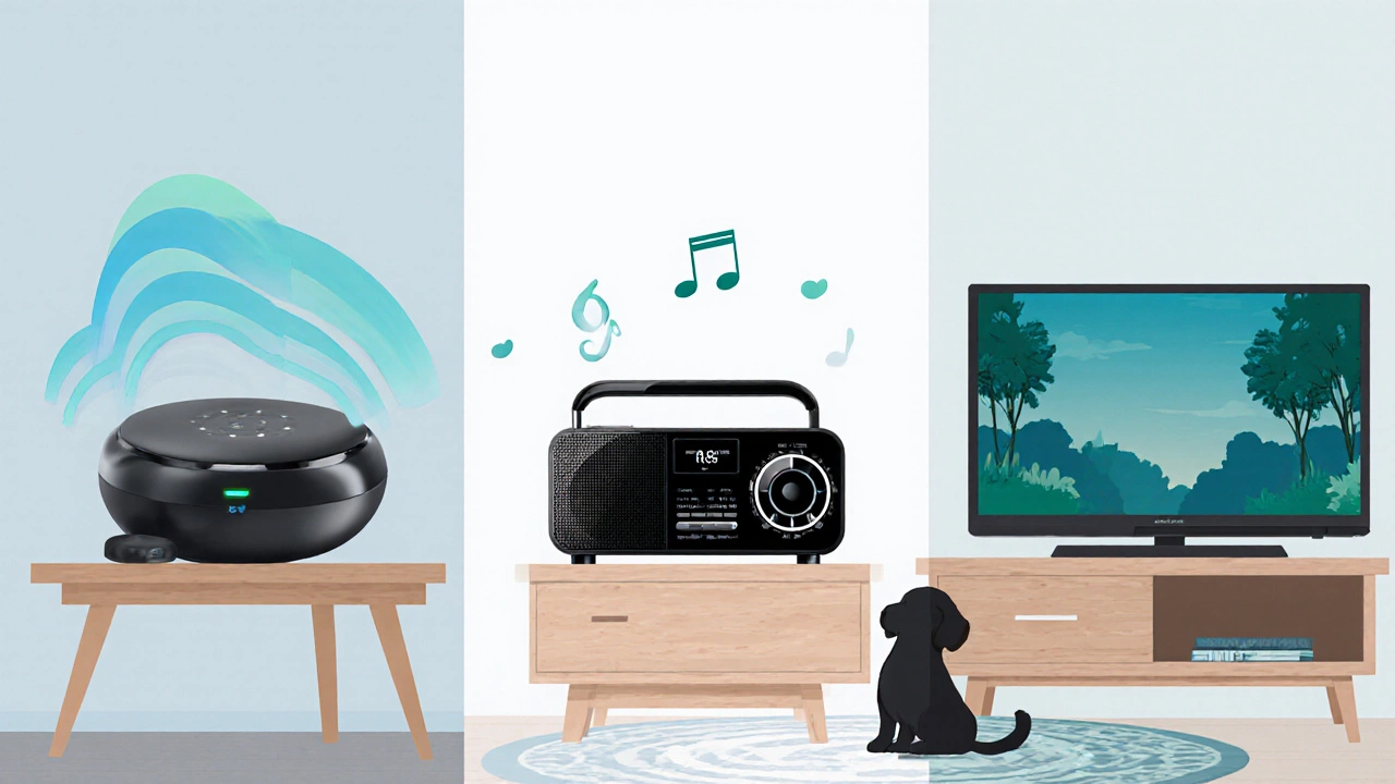 Illustration comparing a white‑noise machine, radio, and TV as night sounds for a puppy.