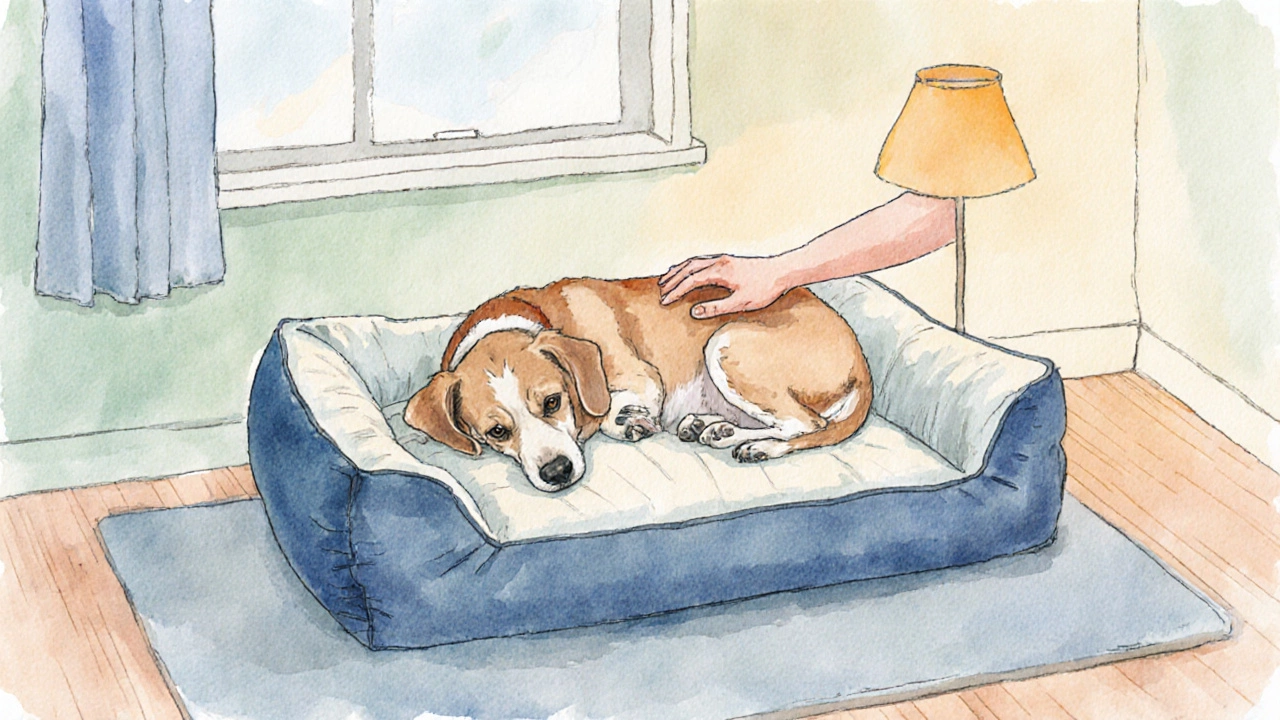 Illustration of a dog on a memory‑foam bed with a hand softly stroking its back.