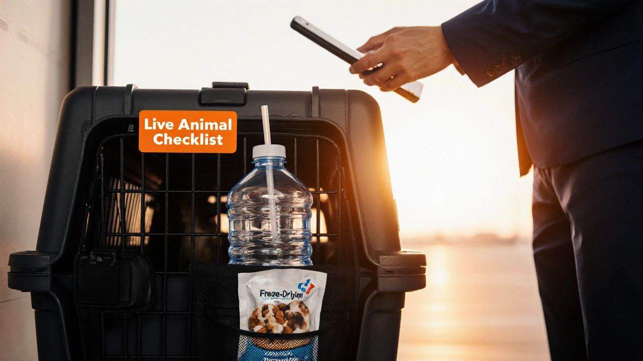 Illustration of airline staff attaching a water bottle and freeze‑dry snack to a pet carrier with a live‑animal sticker.