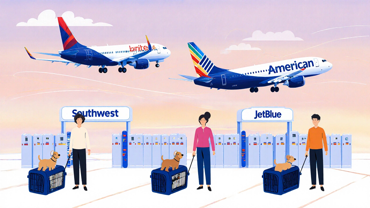 Illustration of passengers with dogs at different airline gates.