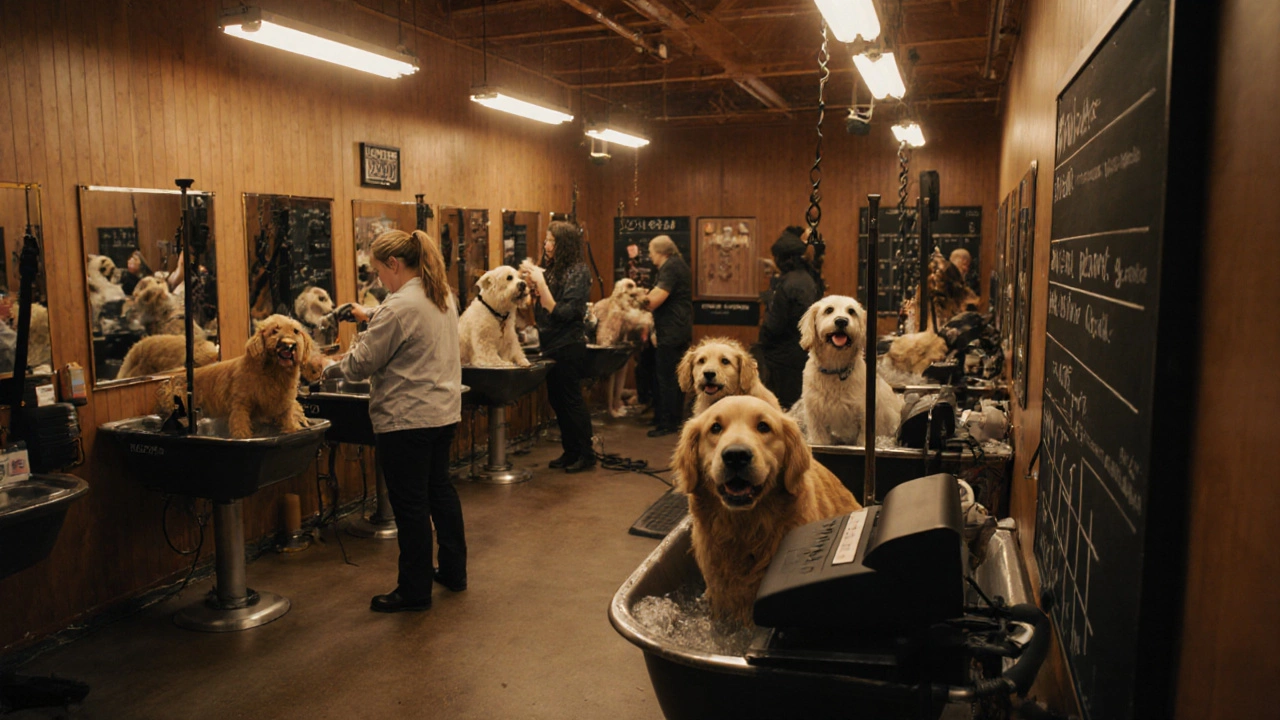 Overhead view of a busy grooming salon with multiple dogs being groomed.
