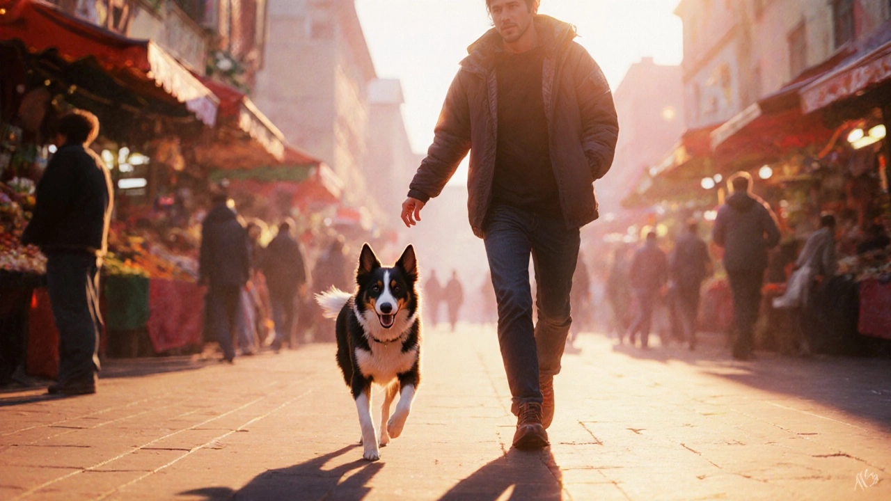 Owner and well‑trained dog confidently walking through a busy market at sunset.