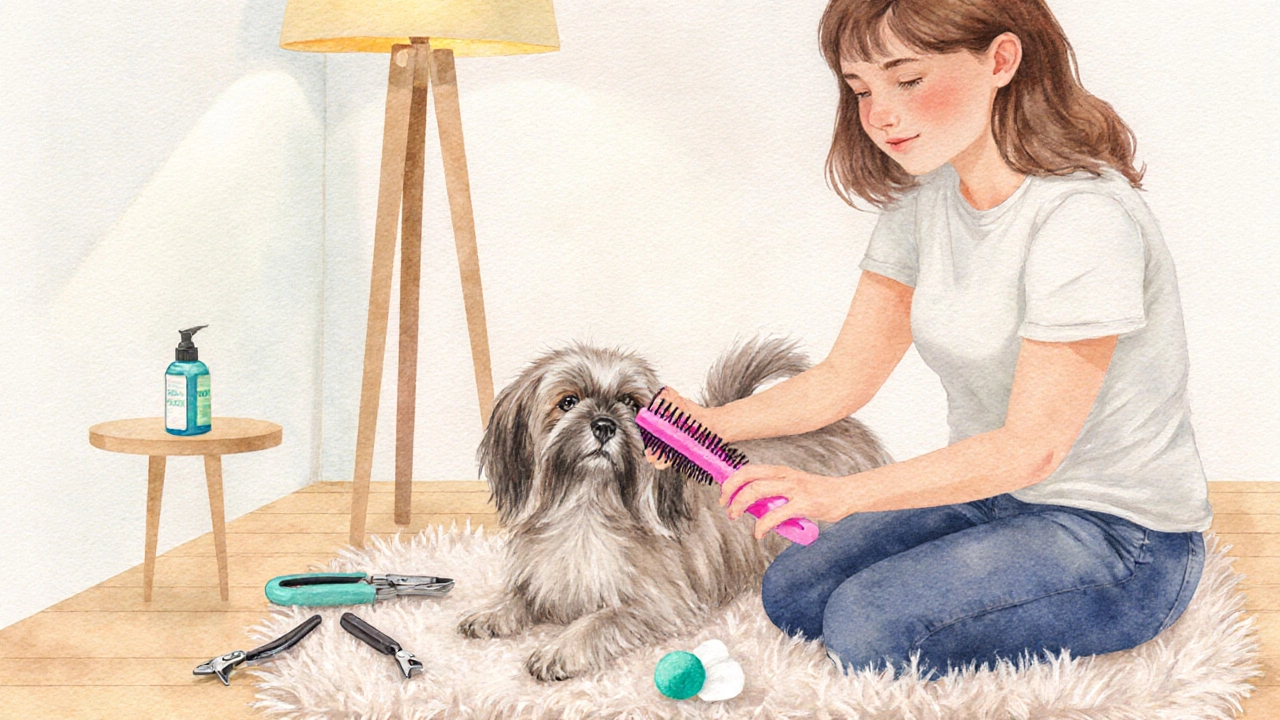 Owner gently brushing a long‑coated Shih Tzu on a rug with grooming tools nearby.
