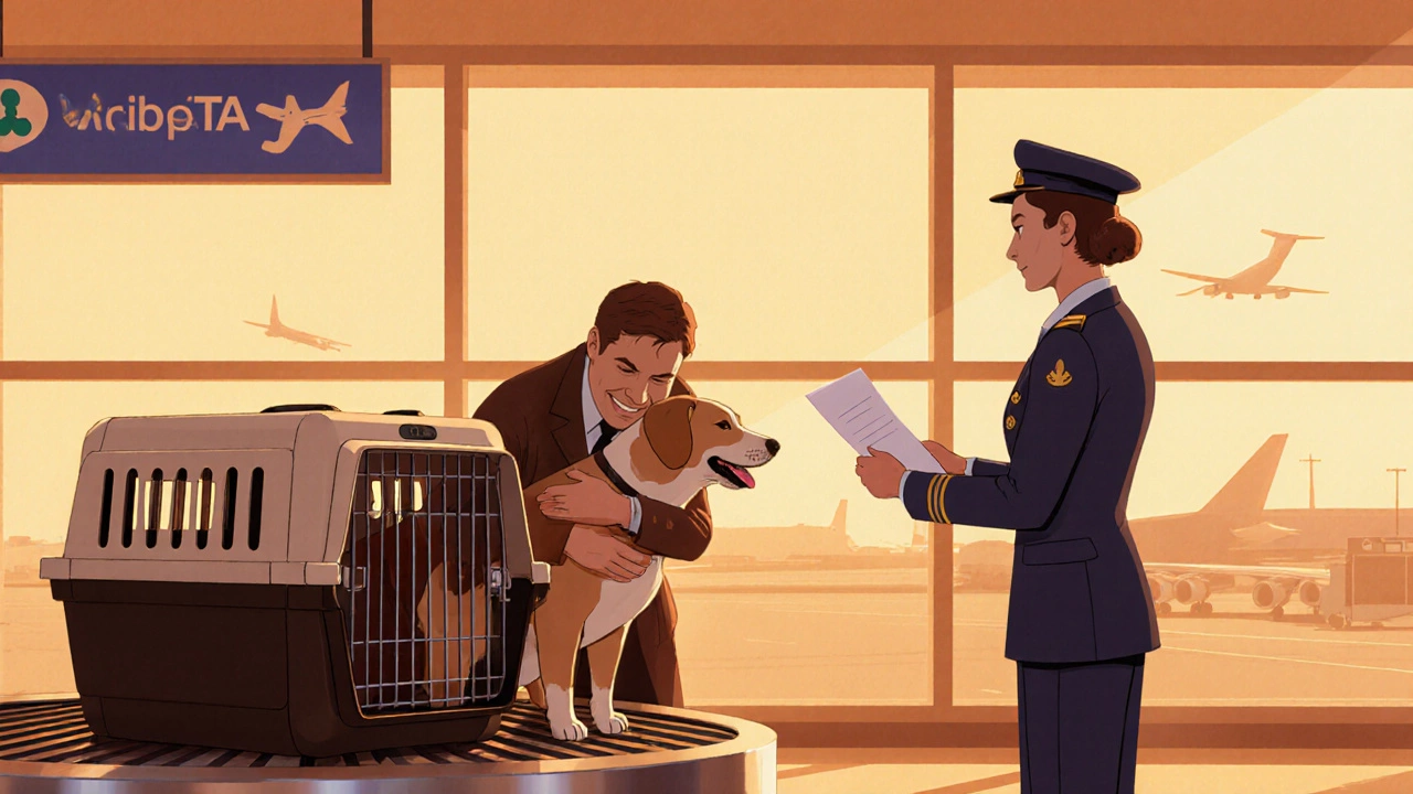 Owner hugging a happy dog after arrival, with a courier handing over paperwork.