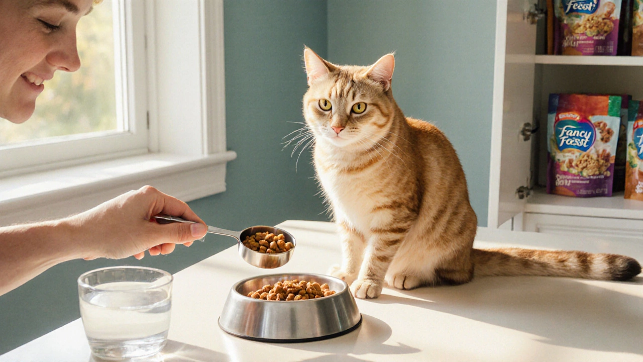 Owner measuring Fancy Feast for a cat at a sunny kitchen counter.