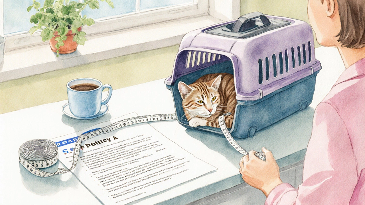 Person measuring a pet carrier at home with tape and airline policy sheet.