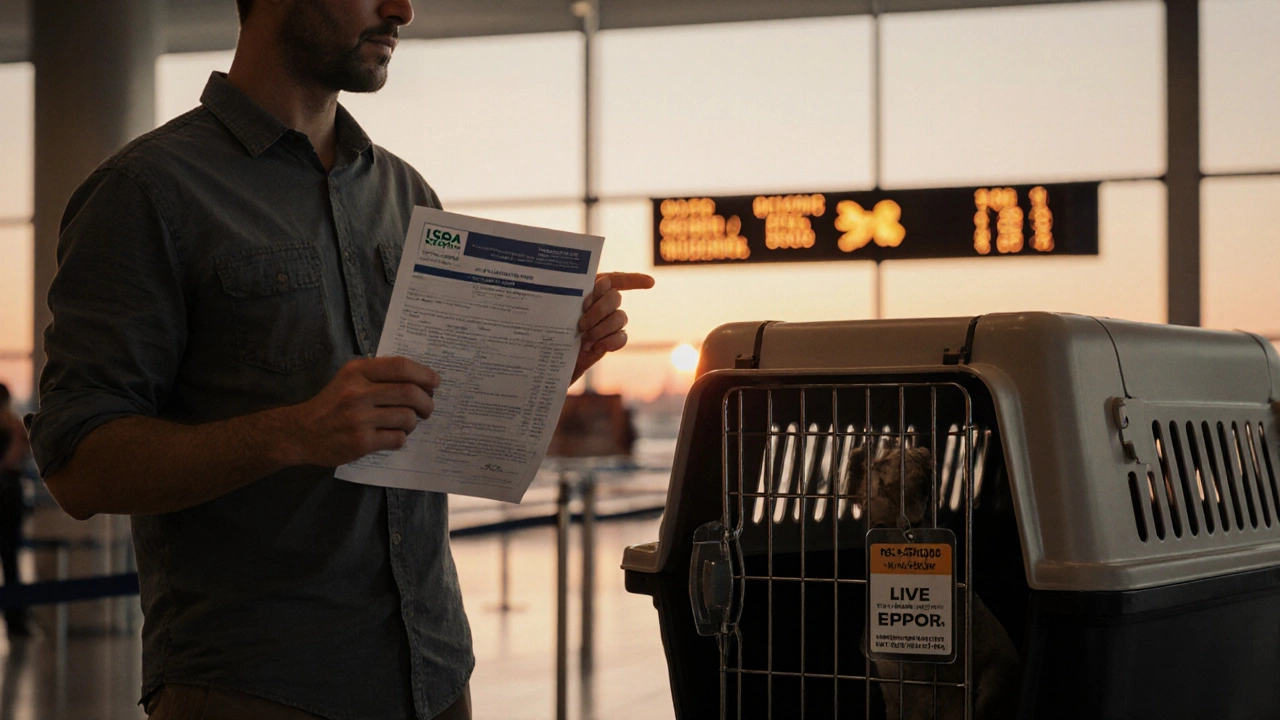 Photo of a traveler holding a health certificate beside a pet carrier at an airport check‑in desk.