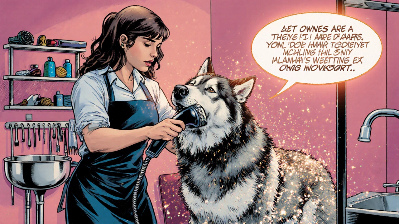 Professional groomer drying a double‑coated Malamute in a bright salon.
