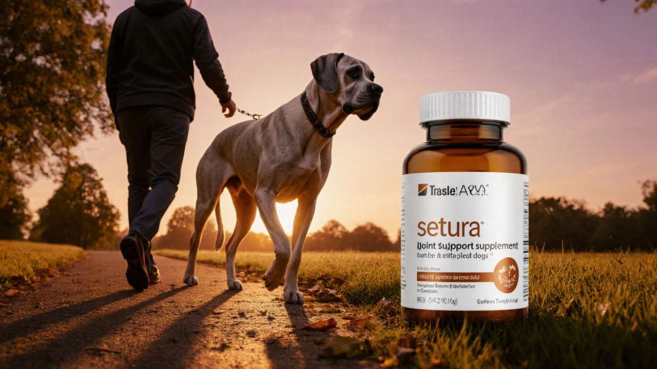 Senior Great Dane walking in a park with a joint supplement bottle nearby.