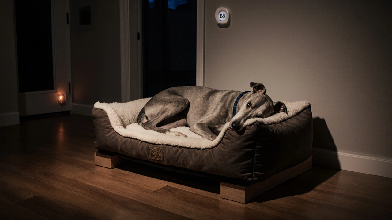 Senior Greyhound sleeping on insulated raised bed with heated pad in a warm living room.