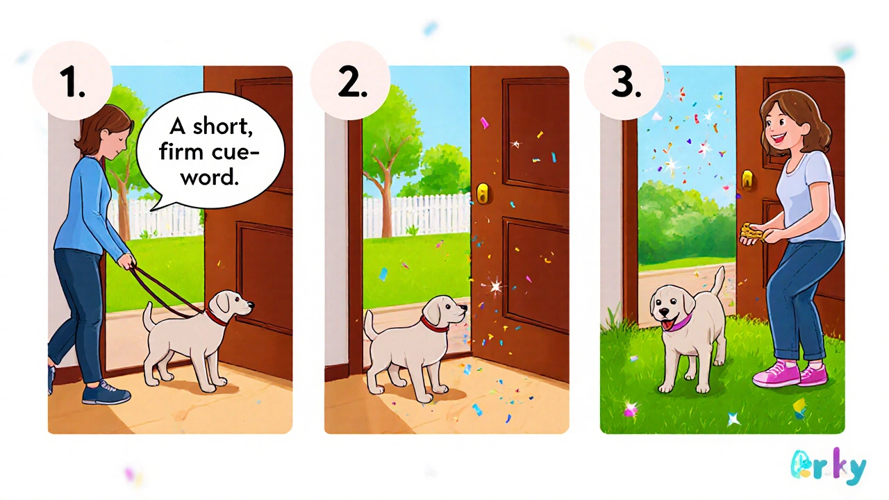 Sequence showing cue, guide to door, and reward outside for a puppy.
