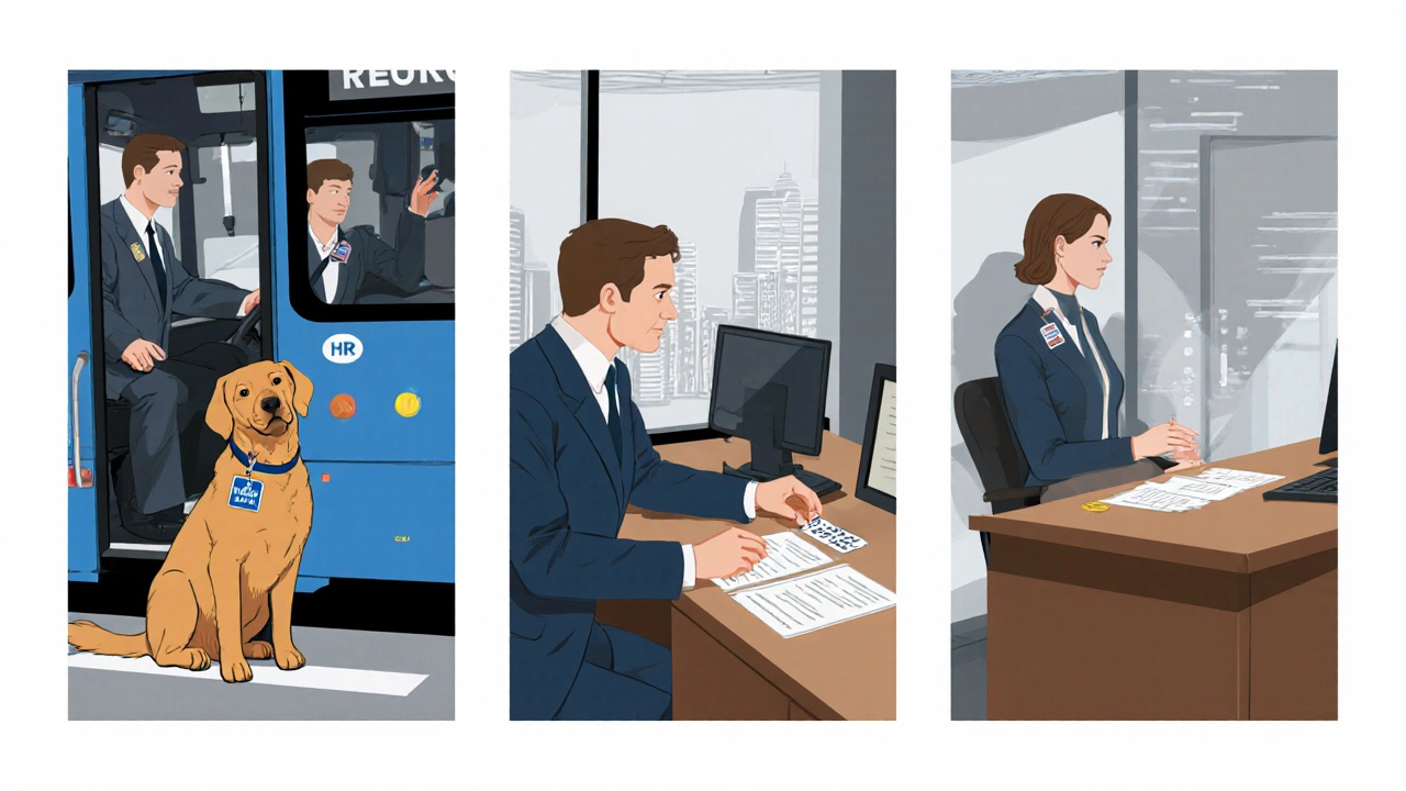 Storyboard panels showing a service dog in a bus, office, and landlord meeting, all with calm interactions.