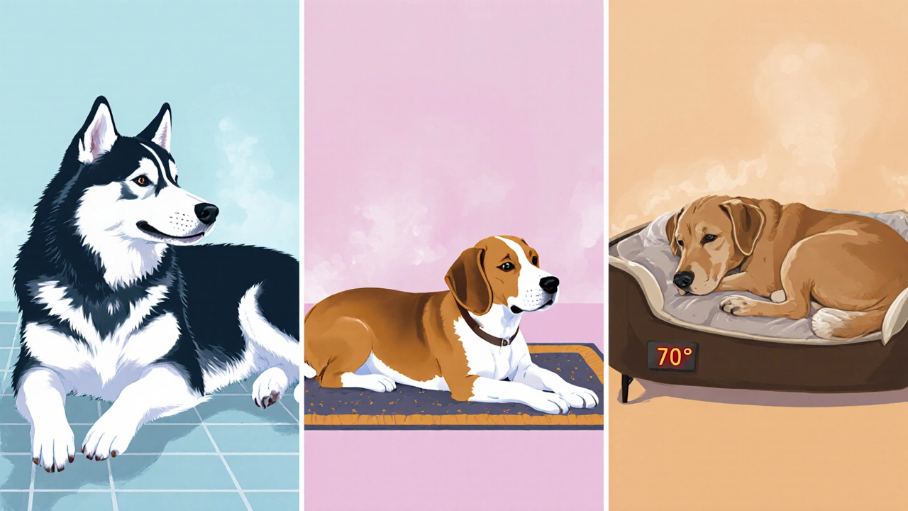Three dogs: Husky on cool tile, Beagle on moderate rug, senior Labrador on heated bed.