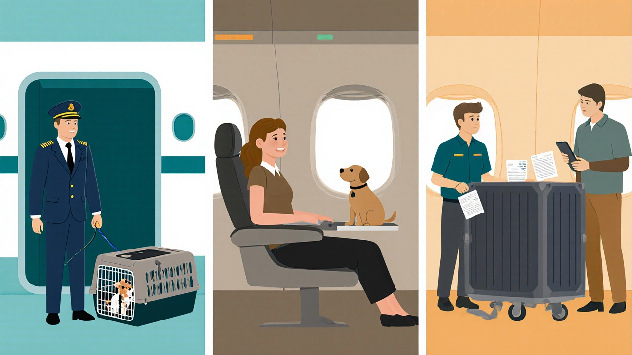 Three panels showing courier, friend, and relocation team handling pets during travel.