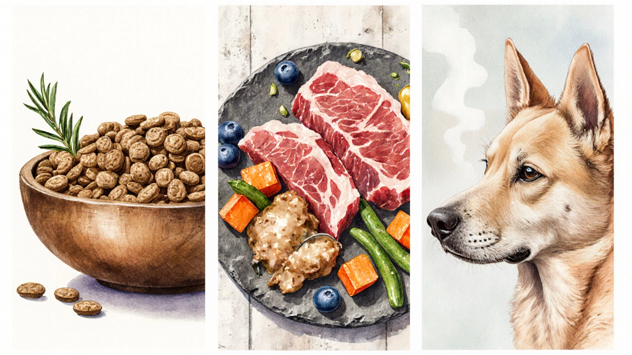 Three watercolor panels showing kibble, raw meat, and home‑cooked meals with a dog.