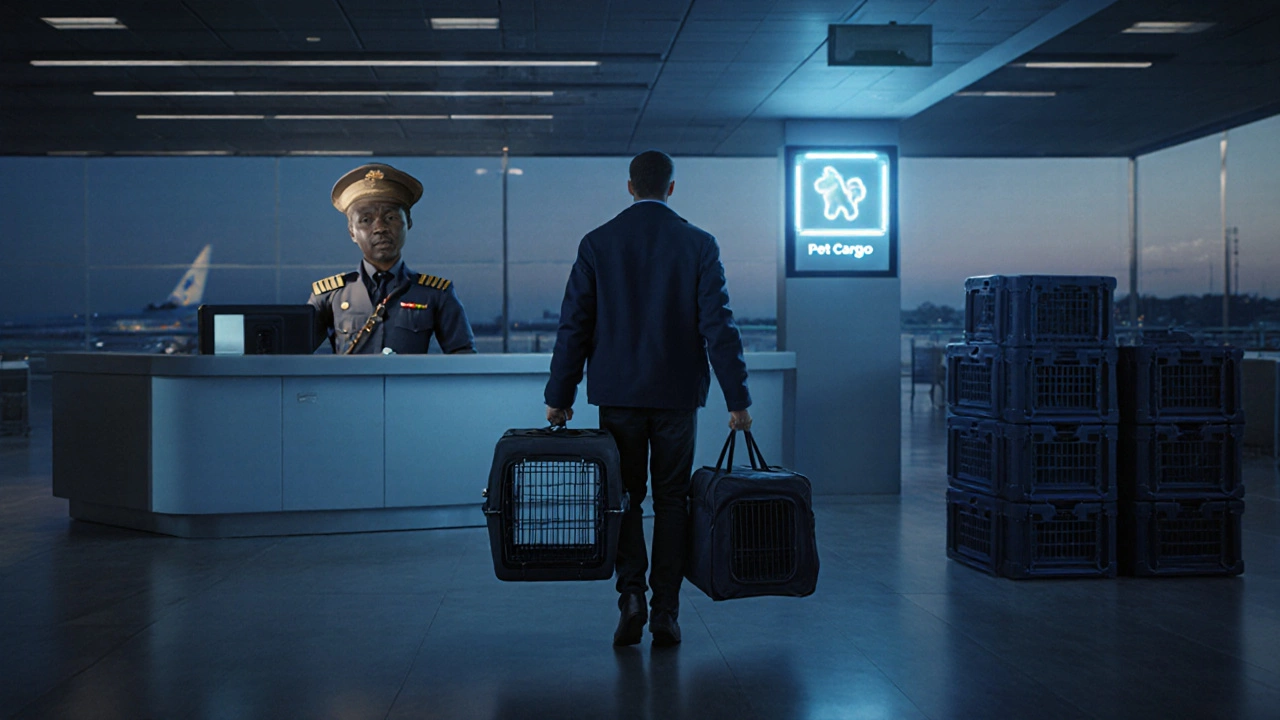 Traveler holding a large crate and small carrier near an airport cargo desk.