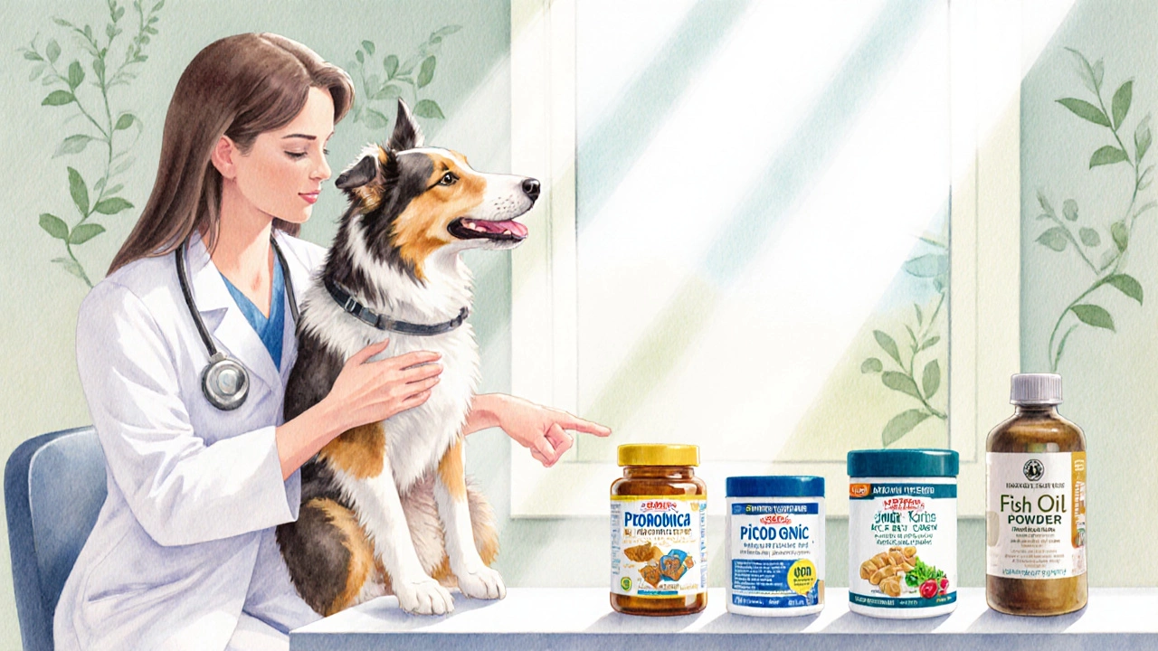Veterinarian examining a Border Collie with various supplement bottles on a table.
