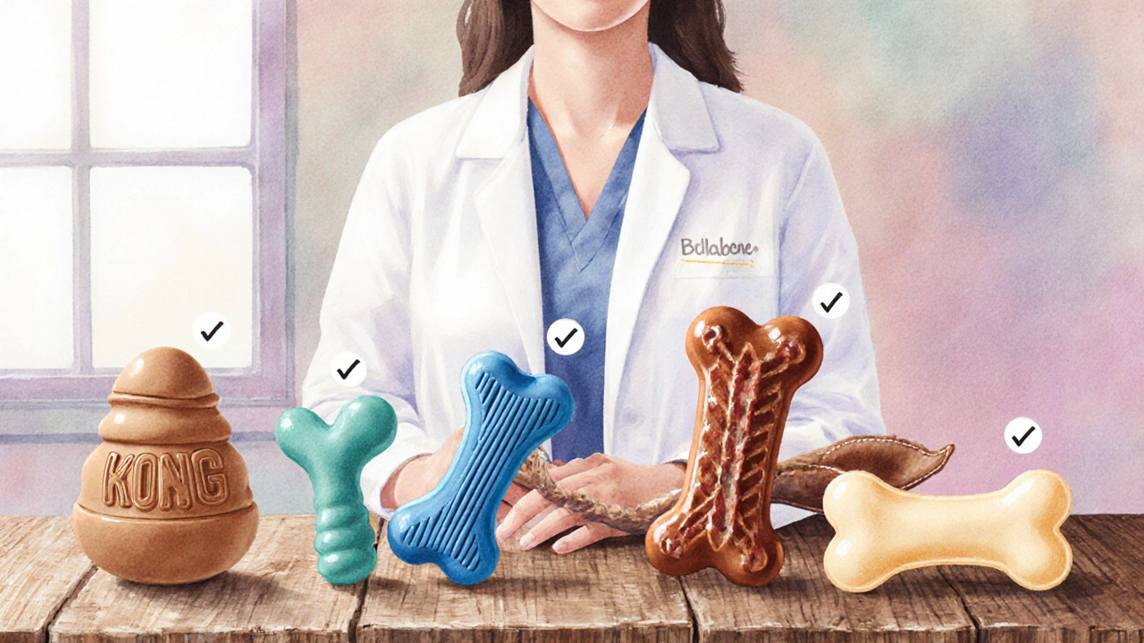 Veterinarian presenting five different puppy chew toys on a table in a watercolor illustration.