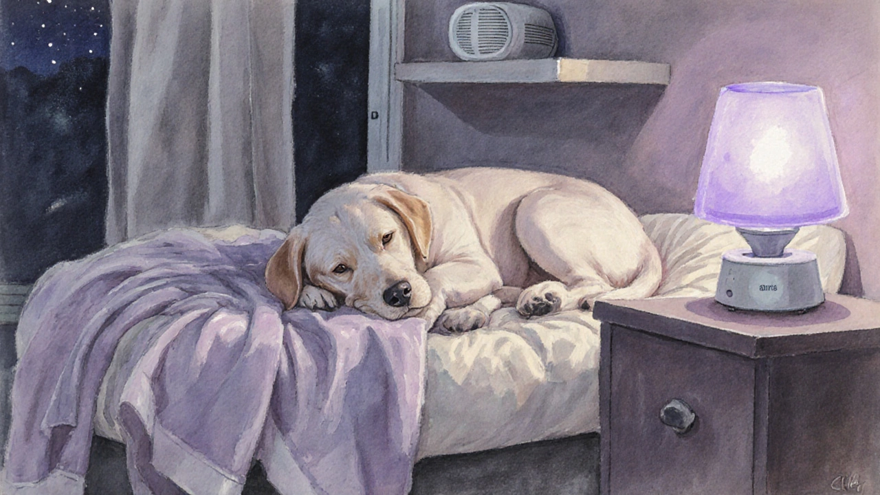 Watercolor of a sleeping puppy on a bed with a night‑light and white‑noise machine nearby.