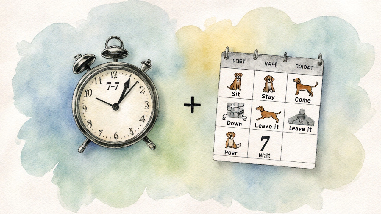 Watercolor showing a clock at 7 minutes, seven dog command actions, and a weekly calendar.