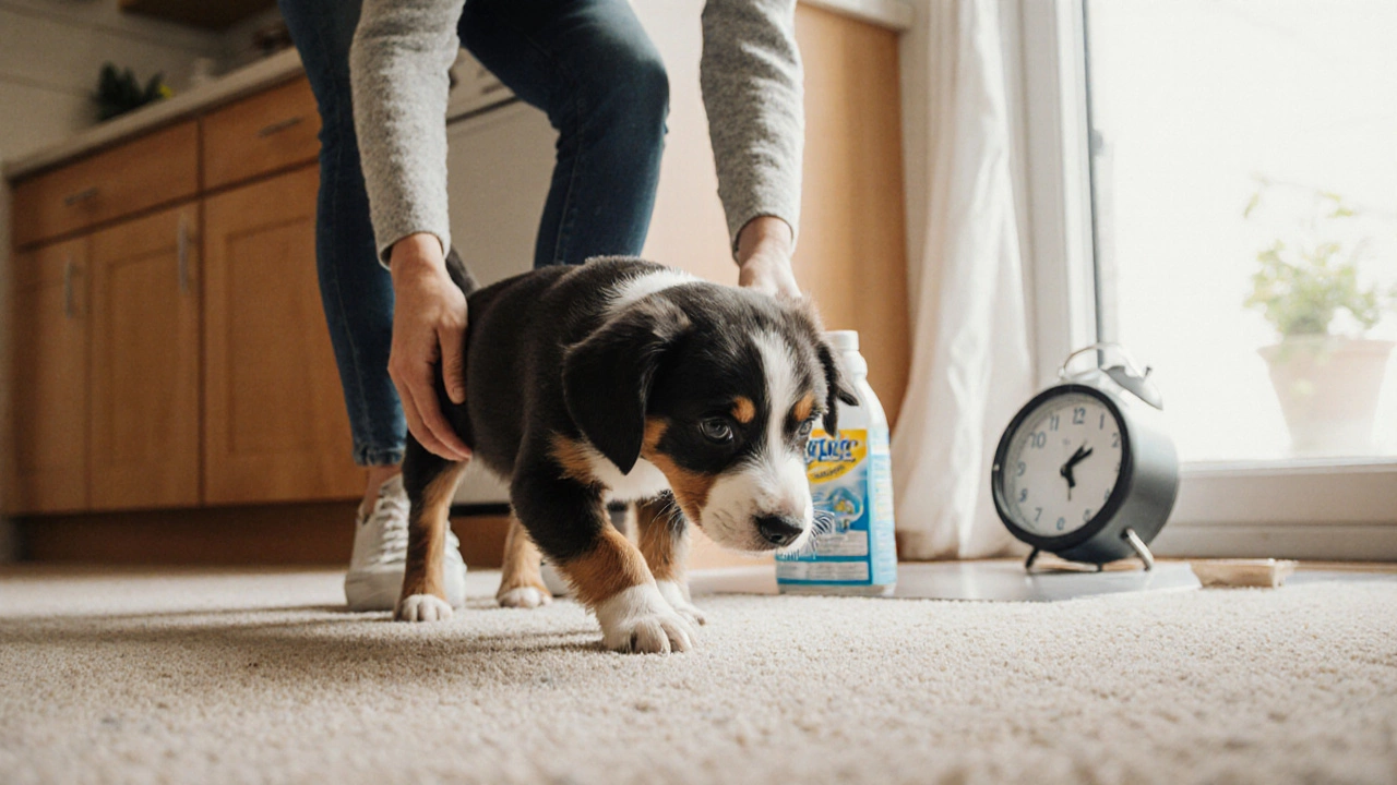 A caregiver gently picking up a puppy caught having an accident indoors to take it outside.