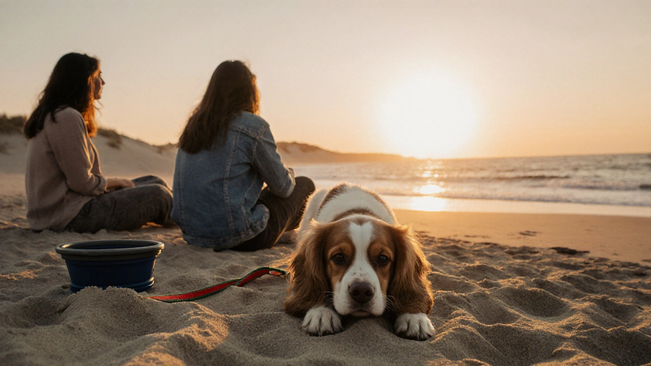 A Cavalier King Charles Spaniel rests peacefully on a beach beside its owners at sunset.