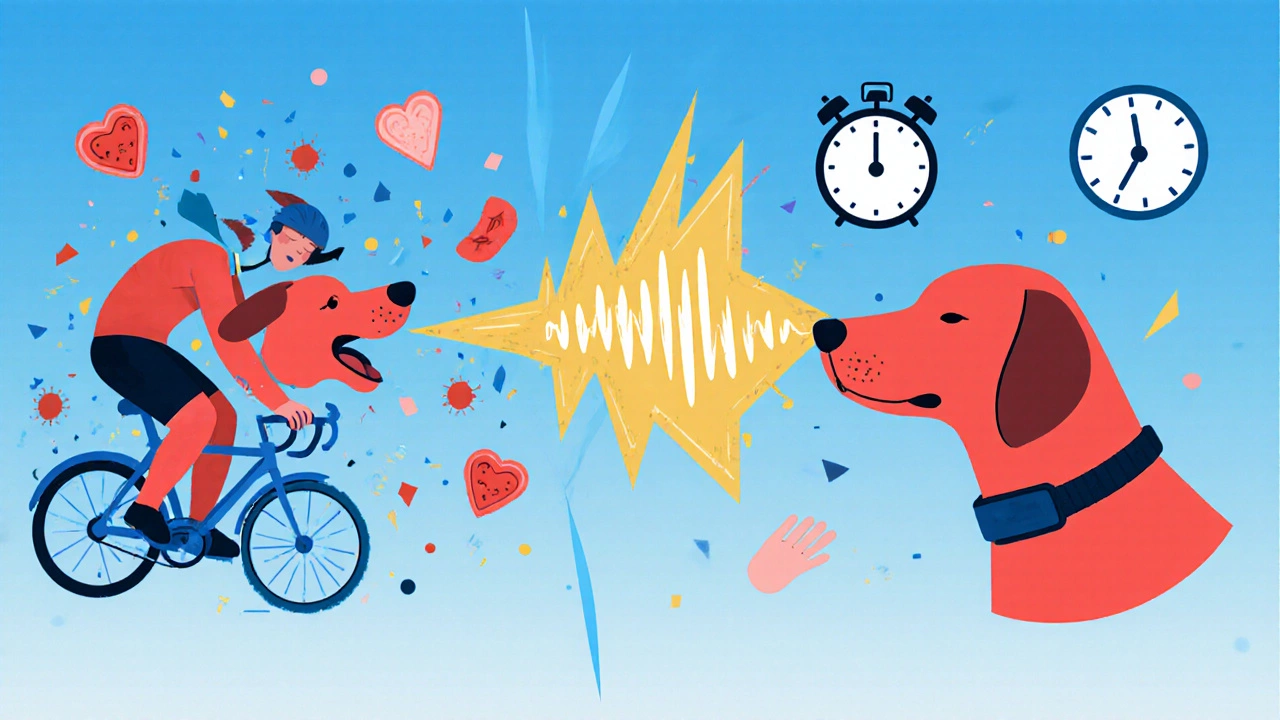 A conceptual image showing a dog transitioning from barking to calm attention through gentle communication.