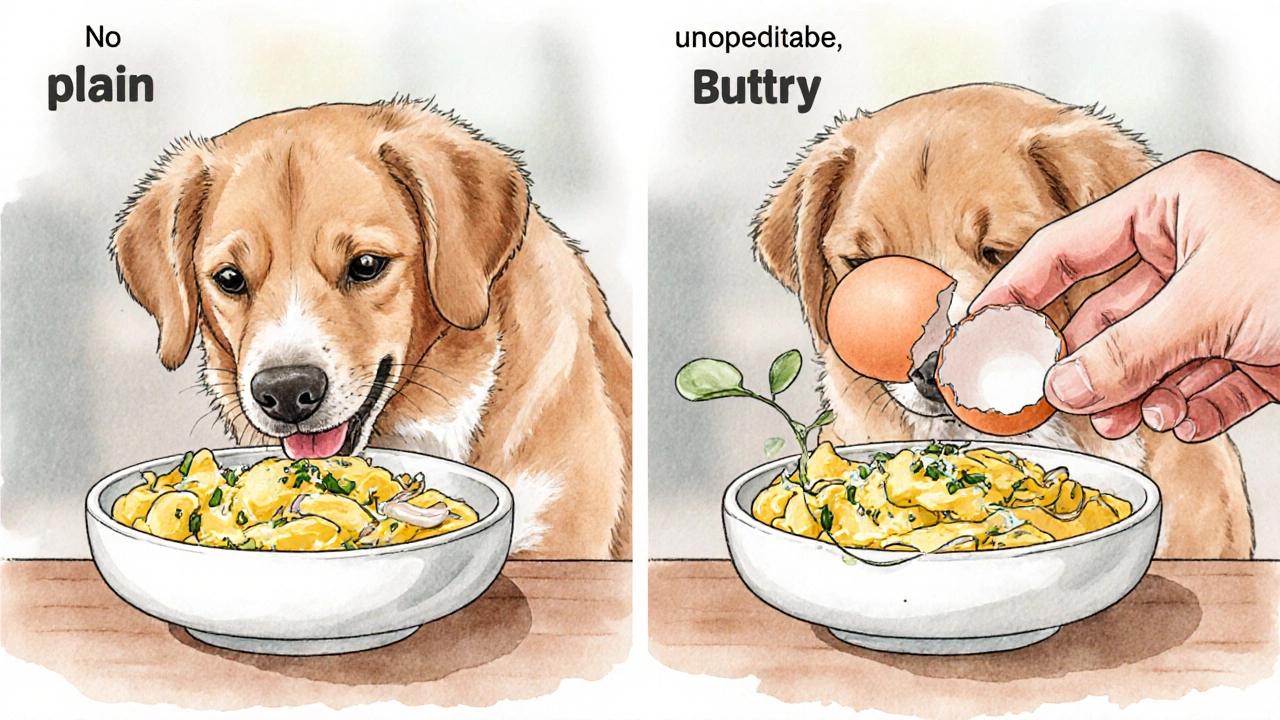 A dog eats plain scrambled eggs from a bowl, with safe ingredients visible.