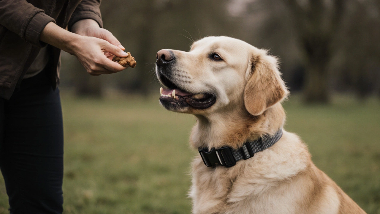 A golden retriever pauses barking as a trainer prepares to reward it, vibrating collar gently activated.