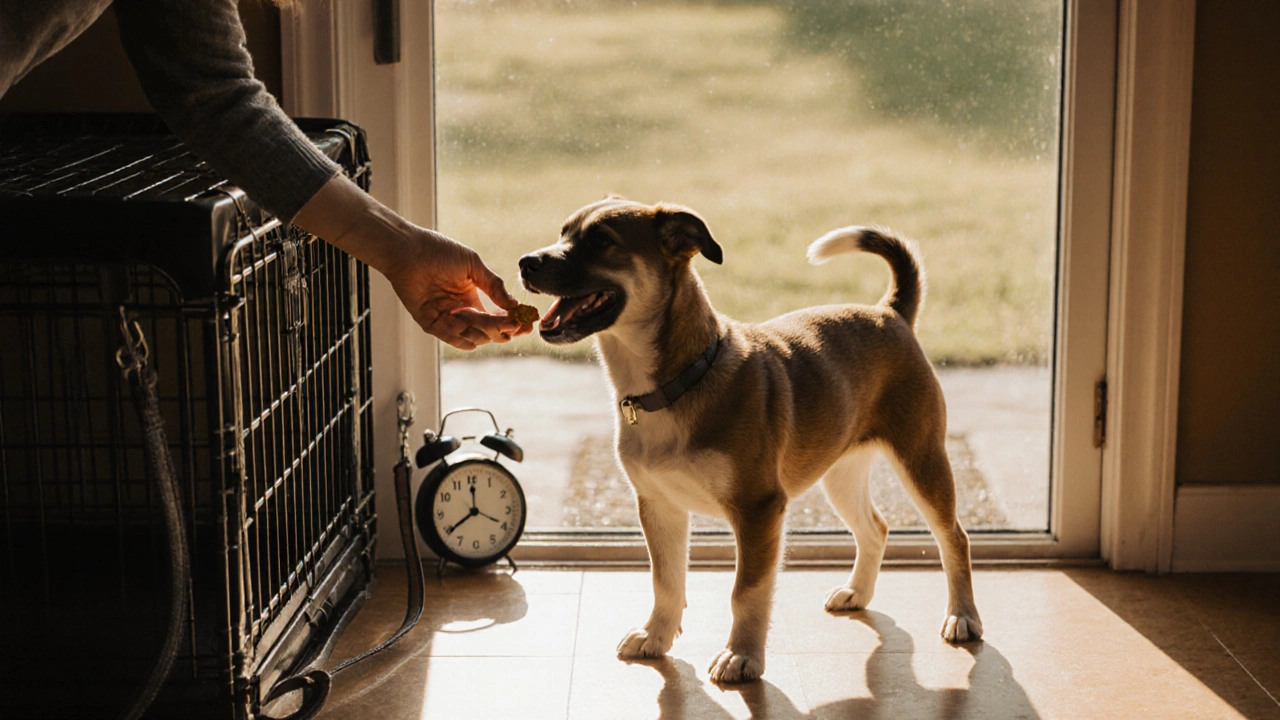 A puppy receiving a treat after going potty outside, with training supplies nearby in a calm home setting.