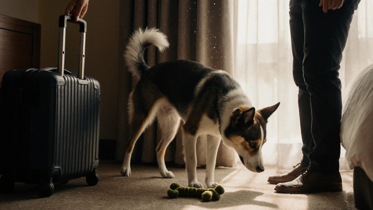 A rescue dog explores a hotel room doorway, curious but calm, with a toy nearby.