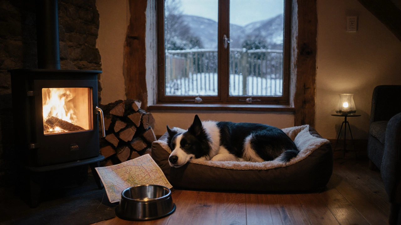 Border Collie sleeping on a heated bed by a wooden fireplace in a cozy cottage.