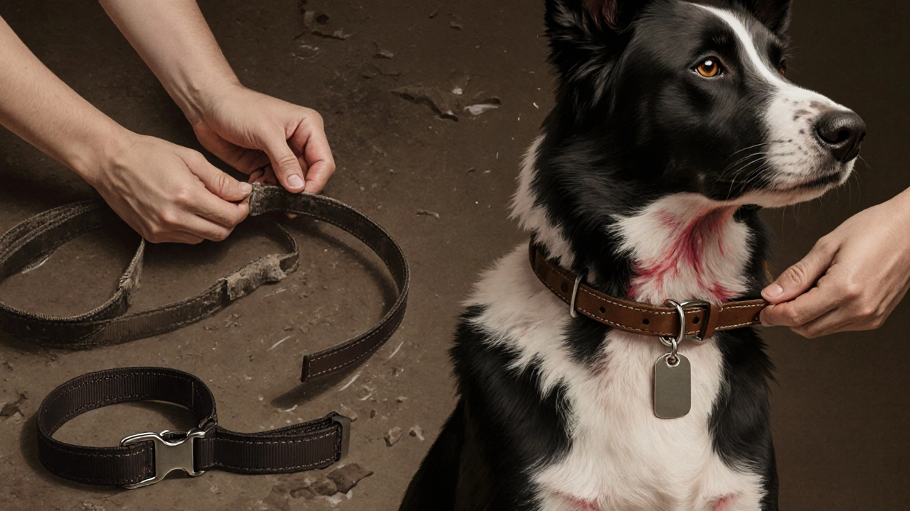 Border Collie with leather collar causing skin irritation, visible redness