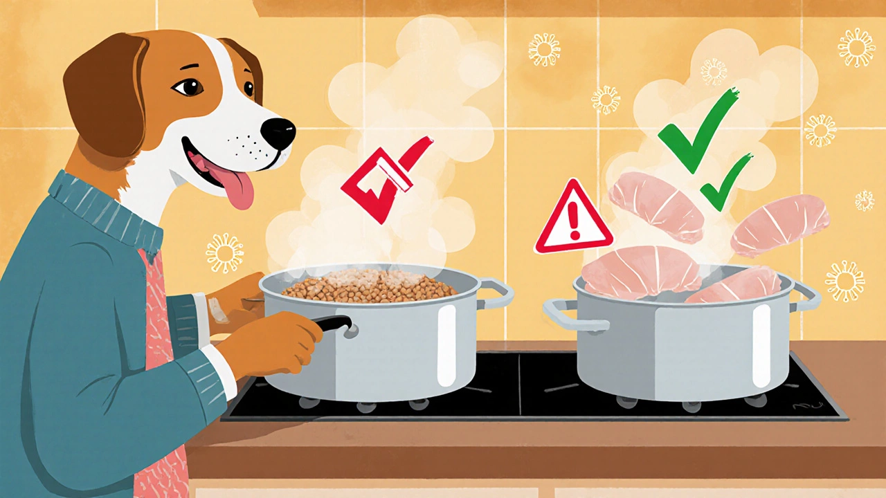 Cooked and raw chicken side-by-side with safety symbols in a kitchen setting.