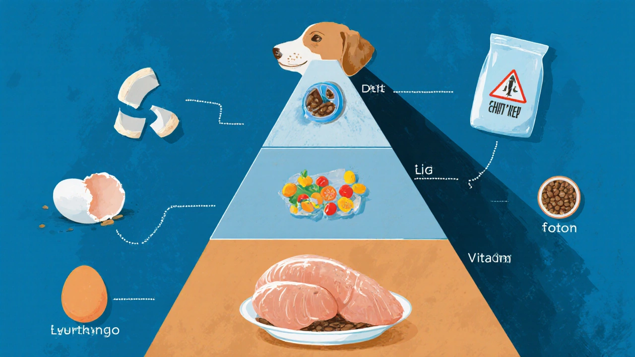 Diet pyramid showing ground chicken as part of balanced nutrition for dogs.