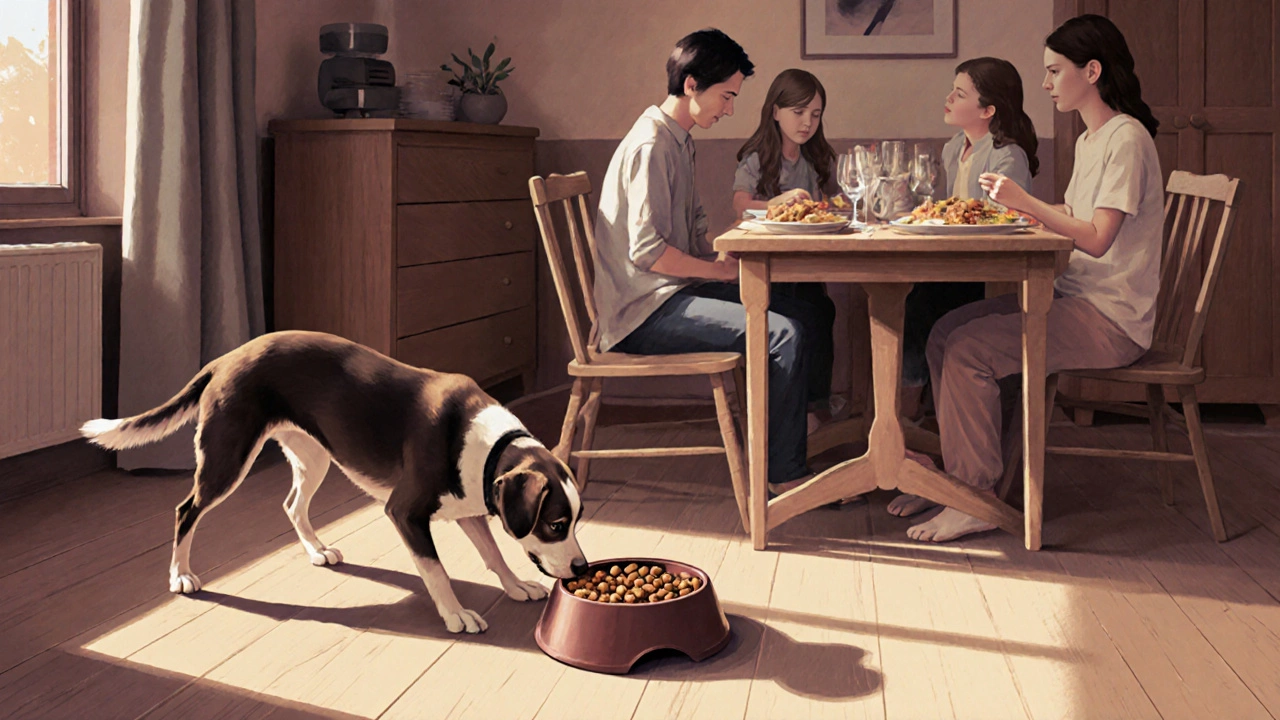 Dog calmly eating from a slow-feeder toy while family dines at dusk.